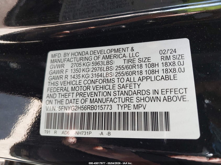 2024 Honda Pilot VIN 5FNYG2H56RB015773 IAAI salvage auction — FRONT END, Salvage (North Carolina), sold $10,650 on 2026-07-30 (photo 9)