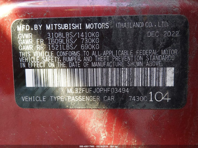 2023 Mitsubishi Mirage VIN ML32FUFJ0PHF03494 IAAI salvage auction — FRONT END, Salvage Title, sold $100 on 2026-07-15 (photo 9)
