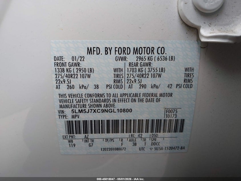 2022 Lincoln Aviator VIN 5LM5J7XC9NGL10800 IAAI salvage auction — LEFT SIDE, Original (Texas), sold $9,175 on 2026-07-28 (photo 9)