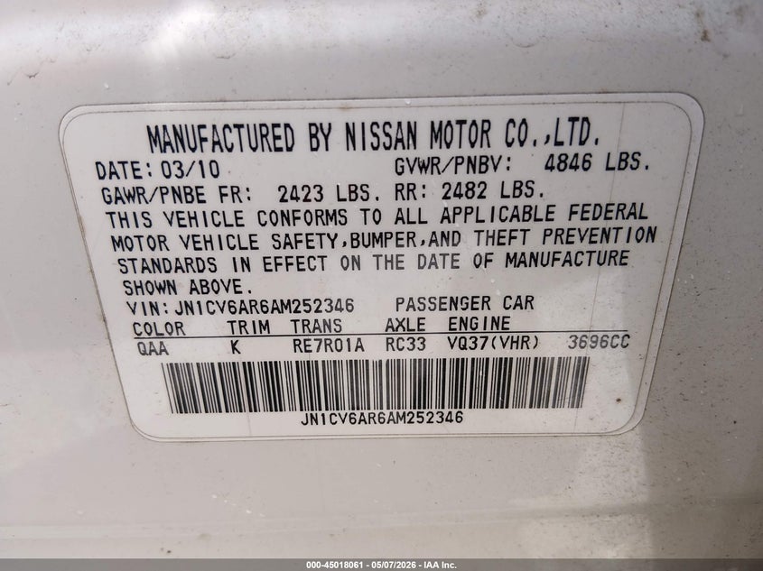 2010 Infiniti G37 VIN JN1CV6AR6AM252346 IAAI salvage auction — RIGHT SIDE, Salvage (Pennsylvania), sold $350 on 2026-07-10 (photo 9)