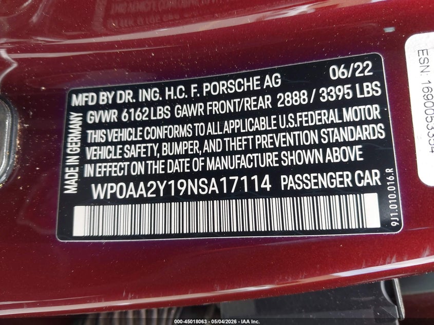 2022 Porsche Taycan VIN WP0AA2Y19NSA17114 IAAI salvage auction — FRONT END, Salvage Title, sold $16,850 on 2026-08-17 (photo 9)