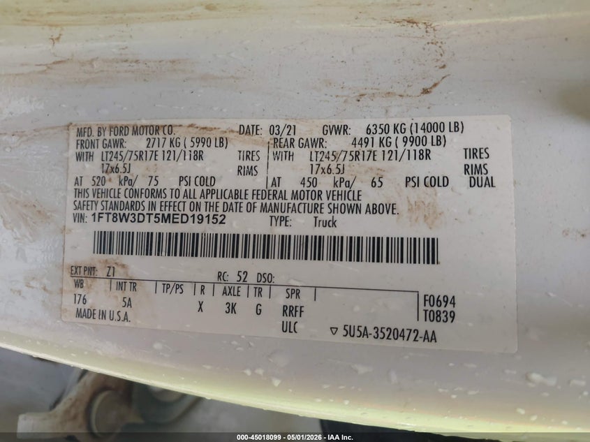 2021 Ford F-350 VIN 1FT8W3DT5MED19152 IAAI salvage auction — FRONT END, Salvage (Texas), sold $16,000 on 2026-07-09 (photo 9)