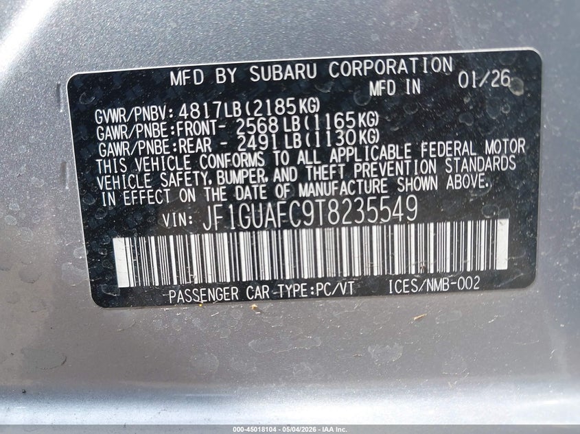 2026 Subaru Impreza VIN JF1GUAFC9T8235549 IAAI salvage auction — FRONT END, Salvage (Ohio), sold $2,550 on 2026-07-23 (photo 9)