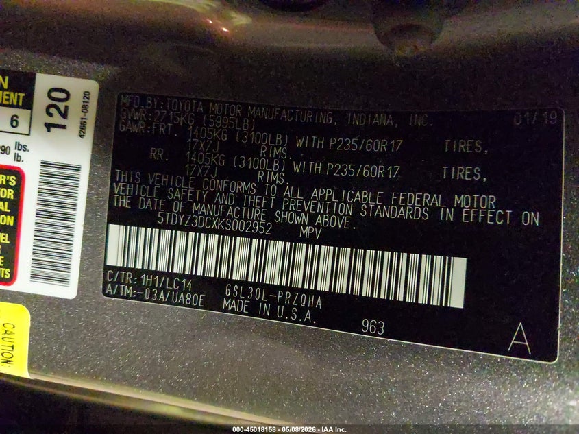 2019 Toyota Sienna VIN 5TDYZ3DCXKS002952 IAAI salvage auction — FRONT END, Salvage (Minnesota), sold $11,000 on 2026-07-29 (photo 9)