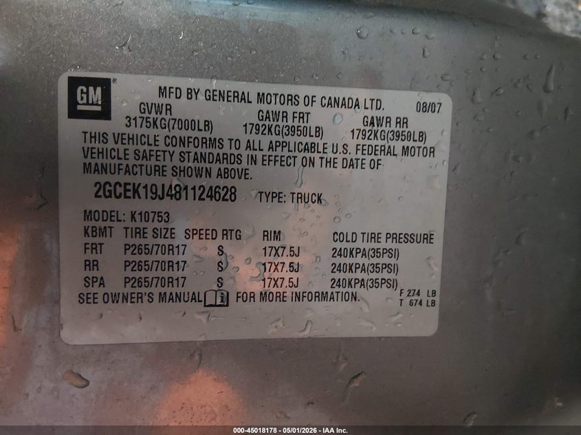 2008 Chevrolet Silverado VIN 2GCEK19J481124628 IAAI salvage auction — SIDE, Salvage (Louisiana), sold $1,475 on 2026-07-26 (photo 9)