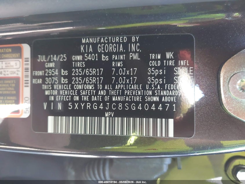 2025 Kia Sorento VIN 5XYRG4JC8SG404471 IAAI salvage auction — FRONT END, Salvage - Greater Than 75% (Maryland), sold $10,650 on 2026-07-14 (photo 9)