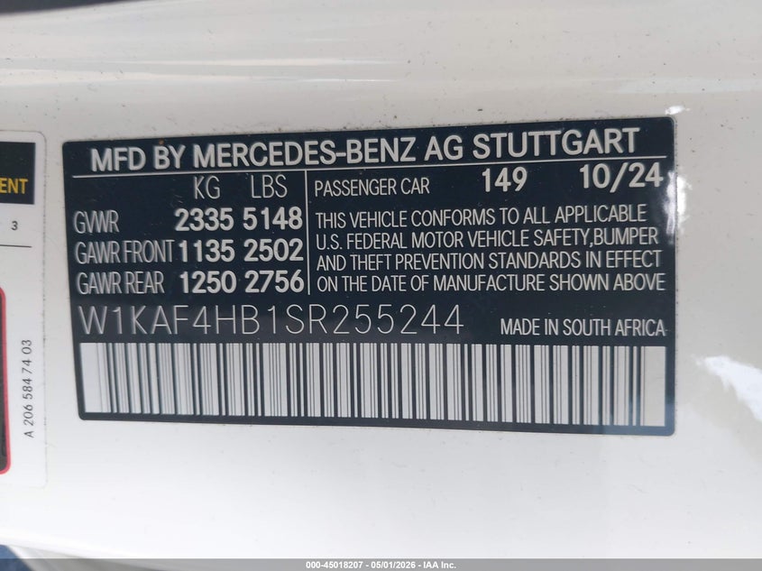 2025 Mercedes-benz C-klasse VIN W1KAF4HB1SR255244 IAAI salvage auction — RIGHT FRONT, Salvage (California), sold $21,100 on 2026-07-15 (photo 9)