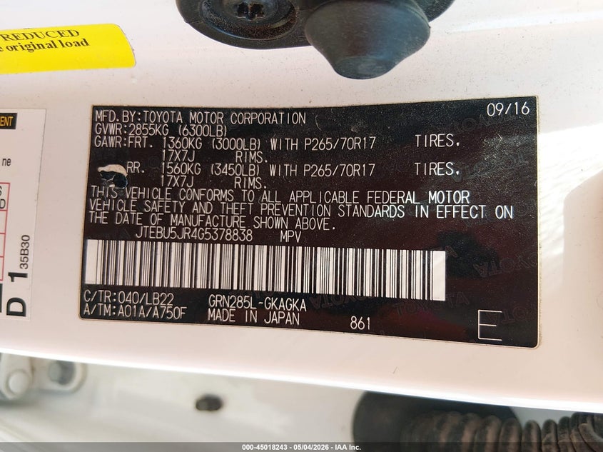 2016 Toyota 4runner VIN JTEBU5JR4G5378838 IAAI salvage auction — FRONT END, Salvage (Missouri), sold $6,800 on 2026-07-23 (photo 9)