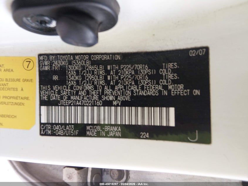 2007 Toyota Highlander VIN JTEEP21A470221160 IAAI salvage auction — RIGHT FRONT, Salvage (Pennsylvania), sold $675 on 2026-07-28 (photo 9)