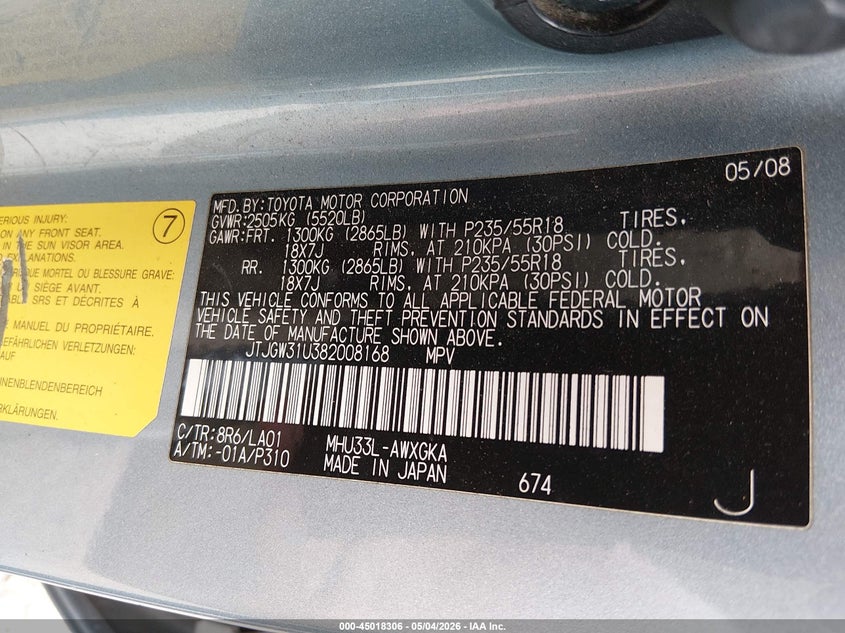 2008 Lexus Rx 400h VIN JTJGW31U382008168 IAAI salvage auction — ALL OVER, Salvage (California), sold $25 on 2026-07-22 (photo 9)