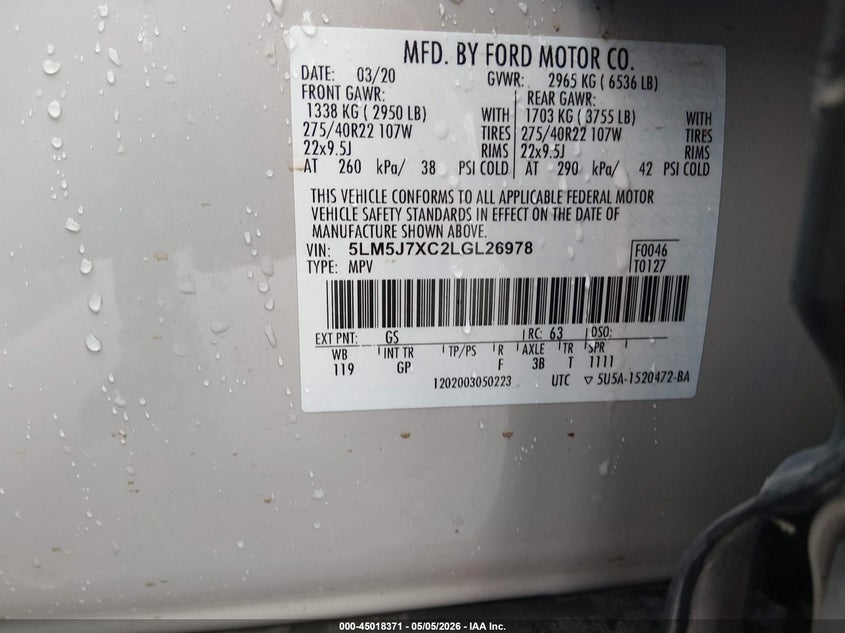 2020 Lincoln Aviator VIN 5LM5J7XC2LGL26978 IAAI salvage auction — REAR END, Salvage (Missouri), sold $13,550 on 2026-07-16 (photo 9)