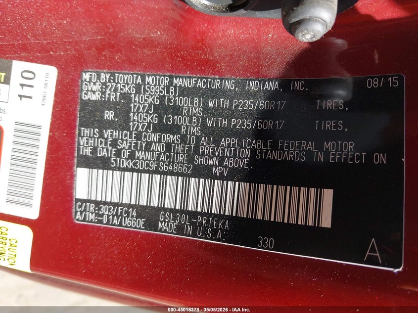 2015 Toyota Sienna VIN 5TDKK3DC9FS648662 IAAI salvage auction — FRONT END, Salvage - Greater Than 75% (Maryland), sold $1,500 on 2026-07-22 (photo 9)