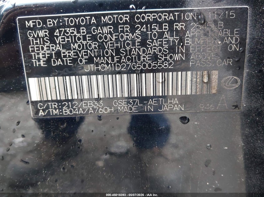 2016 Lexus Is VIN JTHCM1D27G5005582 IAAI salvage auction — FRONT END, Salvage (Virginia), sold $2,400 on 2026-07-21 (photo 9)