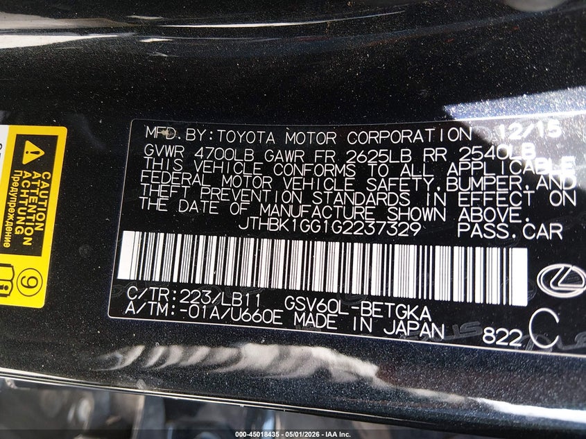 2016 Lexus ES VIN JTHBK1GG1G2237329 IAAI salvage auction — LEFT FRONT, Salvage (Colorado), sold $25 on 2026-07-28 (photo 9)