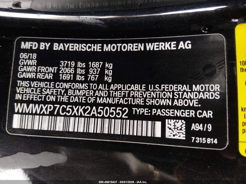 2019 Mini Hard top VIN WMWXP7C5XK2A50552 IAAI salvage auction — FRONT END, Salvage (Texas), sold $725 on 2026-07-07 (photo 9)