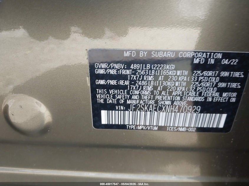 2022 Subaru Forester VIN JF2SKAECXNH470929 IAAI salvage auction — FRONT END, Salvage (Georgia), sold $2,025 on 2026-07-08 (photo 9)