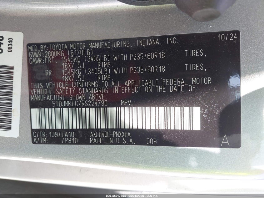 2024 Toyota Sienna VIN 5TDJRKEC7RS224790 IAAI salvage auction — LEFT & RIGHT, Salvage (California), sold $5,200 on 2026-07-15 (photo 9)