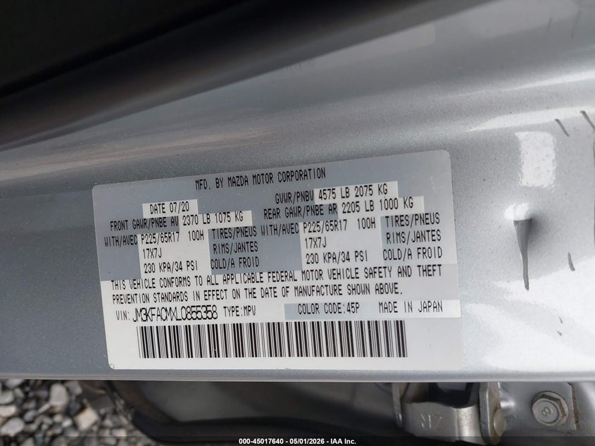 2020 Mazda Cx-5 VIN JM3KFACMXL0855358 IAAI salvage auction — FRONT END, Salvage (Georgia), sold $6,000 on 2026-08-01 (photo 9)