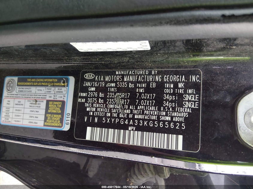 2019 Kia Sorento VIN 5XYPG4A33KG565625 IAAI salvage auction — REAR END, Salvage (Missouri), sold $1,800 on 2026-07-14 (photo 9)