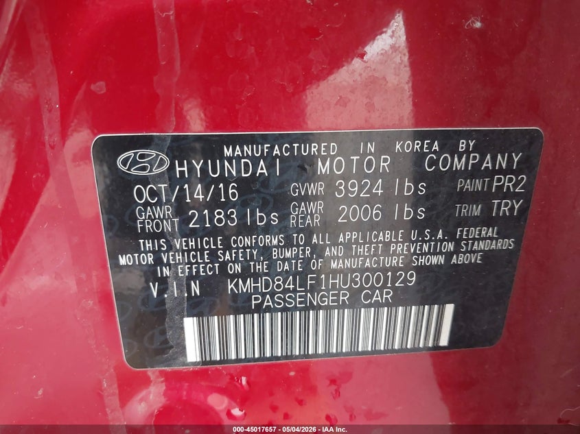 2017 Hyundai Elantra VIN KMHD84LF1HU300129 IAAI salvage auction — THEFT, Salvage (Arizona), sold $1,500 on 2026-07-28 (photo 9)