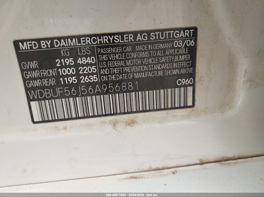 2006 Mercedes-benz E-class VIN WDBUF56J56A956881 IAAI salvage auction — RIGHT FRONT, Clear (Oklahoma), sold $25 on 2026-07-22 (photo 9)