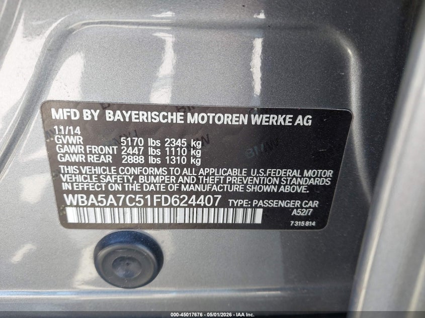 2015 BMW 5er VIN WBA5A7C51FD624407 IAAI salvage auction — SIDE, Salvage (New Hampshire), sold $1,900 on 2026-07-12 (photo 9)
