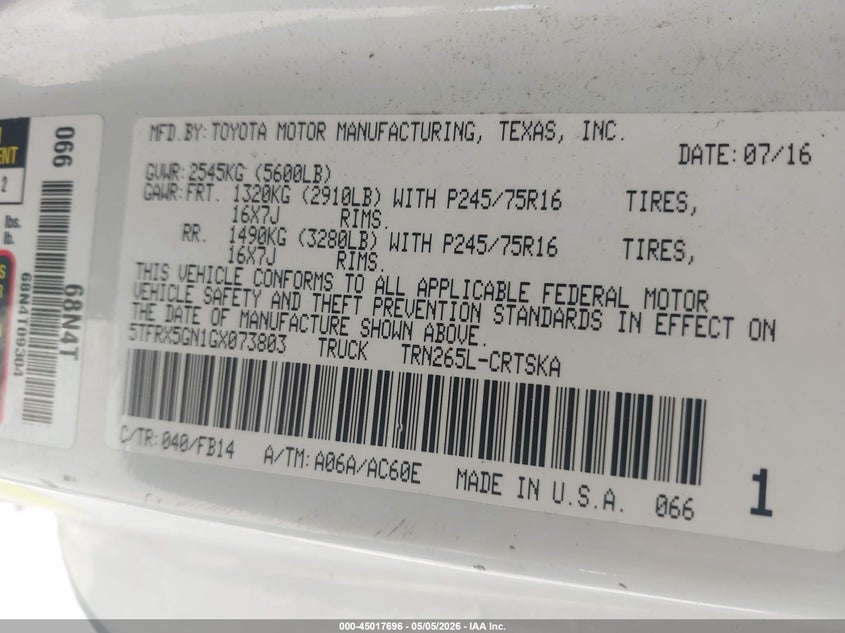 2016 Toyota Tacoma VIN 5TFRX5GN1GX073803 IAAI salvage auction — FRONT END, Salvage (Idaho), sold $5,700 on 2026-07-14 (photo 9)