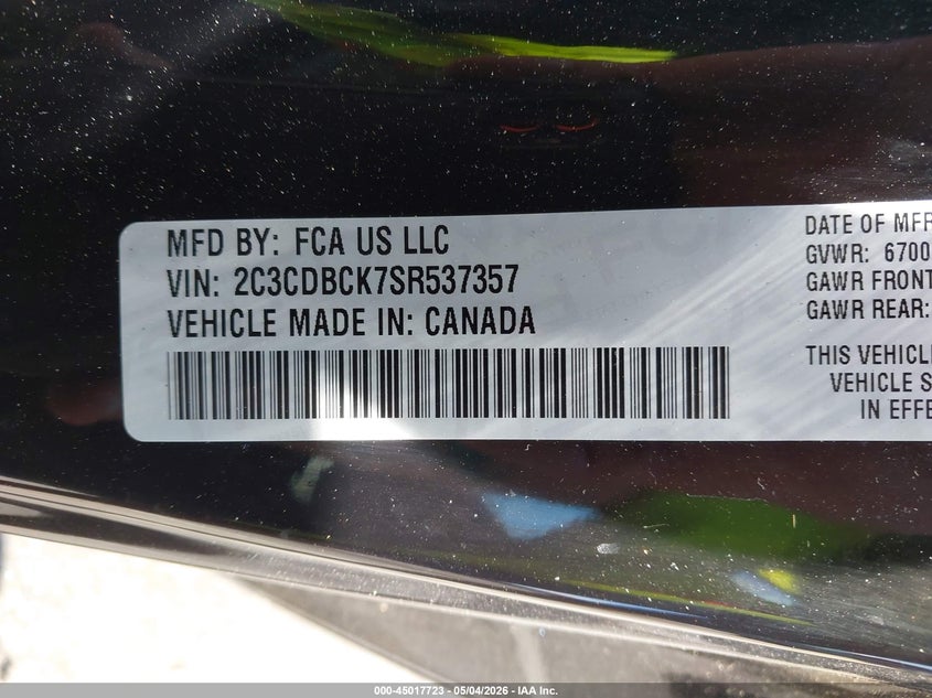 2025 Dodge Charger daytona VIN 2C3CDBCK7SR537357 IAAI salvage auction — FRONT END, Salvage Title, sold $8,600 on 2026-07-23 (photo 9)