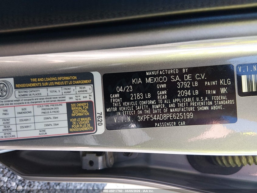 2023 Kia Forte VIN 3KPF54AD8PE625199 IAAI salvage auction — REAR END, Salvage (South Carolina), sold $4,800 on 2026-07-10 (photo 9)