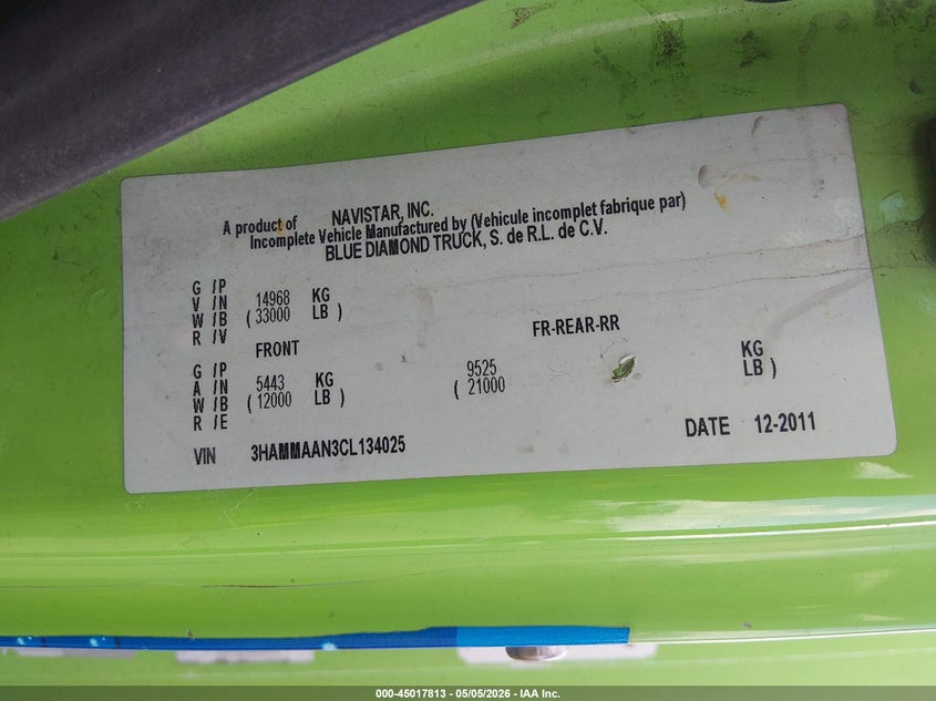 2012 International VIN 3HAMMAAN3CL134025 IAAI salvage auction — NORMAL WEAR, Clear (California), sold $1,650 on 2026-07-08 (photo 8)