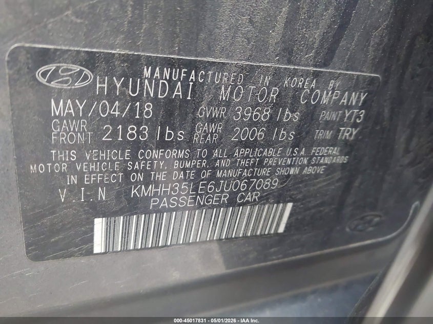 2018 Hyundai Elantra VIN KMHH35LE6JU067089 IAAI salvage auction — FRONT END, Salvage (Illinois), sold $2,000 on 2026-07-15 (photo 9)
