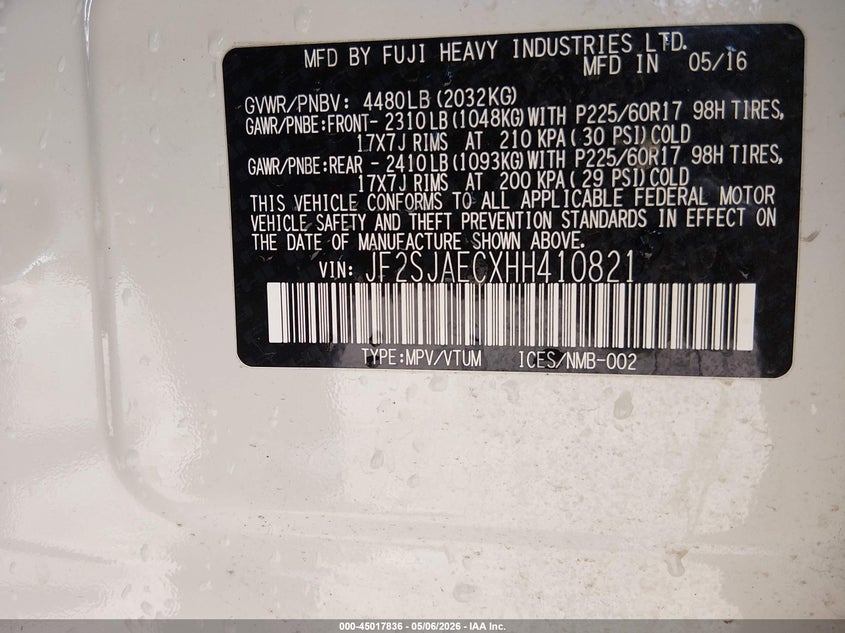 2017 Subaru Forester VIN JF2SJAECXHH410821 IAAI salvage auction — FRONT END, Salvage (Nevada), sold $2,400 on 2026-08-01 (photo 9)
