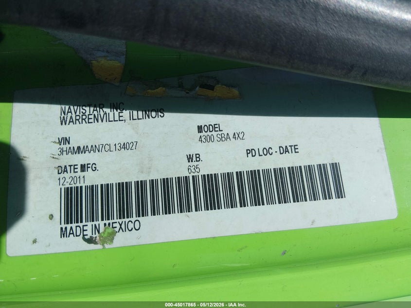 2012 International VIN 3HAMMAAN7CL134027 IAAI salvage auction — NORMAL WEAR, Clear (California), sold $825 on 2026-07-08 (photo 8)