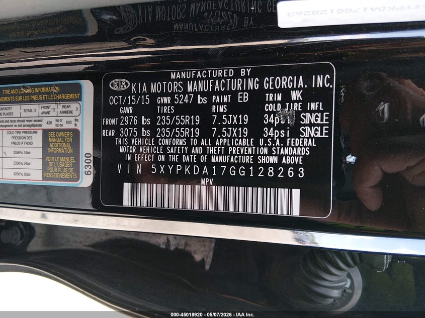 2016 Kia Sorento VIN 5XYPKDA17GG128263 IAAI salvage auction — FRONT END, Salvage (Illinois), sold $750 on 2026-07-29 (photo 9)
