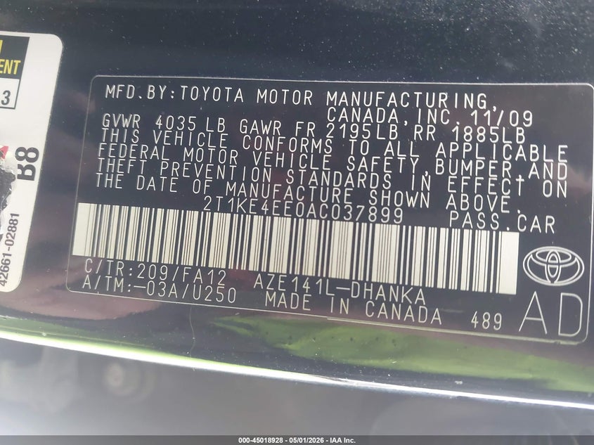 2010 Toyota Matrix VIN 2T1KE4EE0AC037899 IAAI salvage auction — FRONT END, Original (Texas), sold $25 on 2026-07-09 (photo 9)