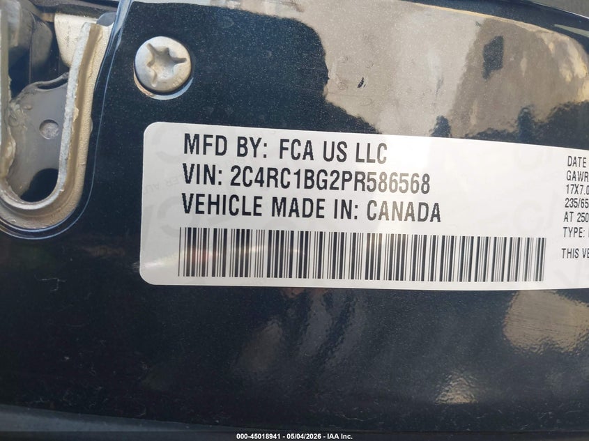 2023 Chrysler Pacifica VIN 2C4RC1BG2PR586568 IAAI salvage auction — HAIL, Salvage (Iowa), sold $9,100 on 2026-07-28 (photo 9)