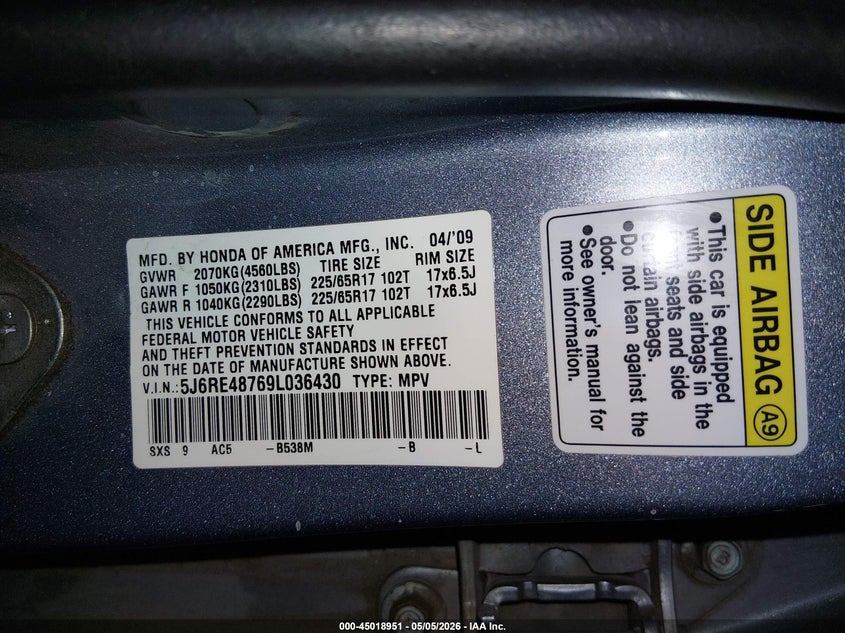 2009 Honda Cr-v VIN 5J6RE48769L036430 IAAI salvage auction — REAR END, Salvage (Oregon), sold $1,225 on 2026-07-09 (photo 9)