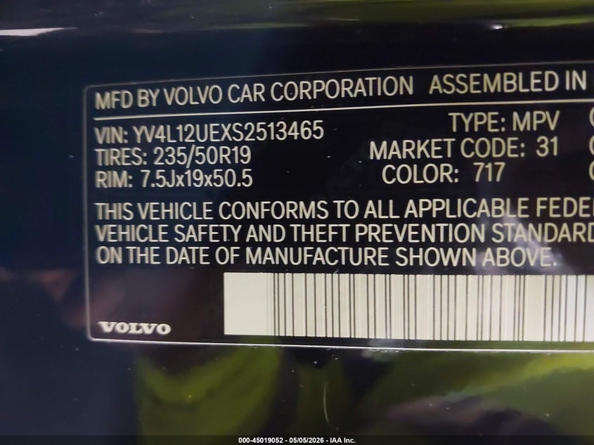 2025 Volvo Xc40 VIN YV4L12UEXS2513465 IAAI salvage auction — RIGHT FRONT, Mv-907A (New York), sold $14,100 on 2026-07-08 (photo 9)