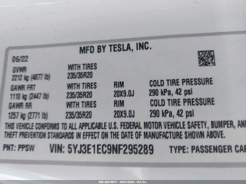 2022 Tesla Model 3 VIN 5YJ3E1EC9NF295289 IAAI salvage auction — REAR END, Salvage (California), sold $9,500 on 2026-07-16 (photo 9)