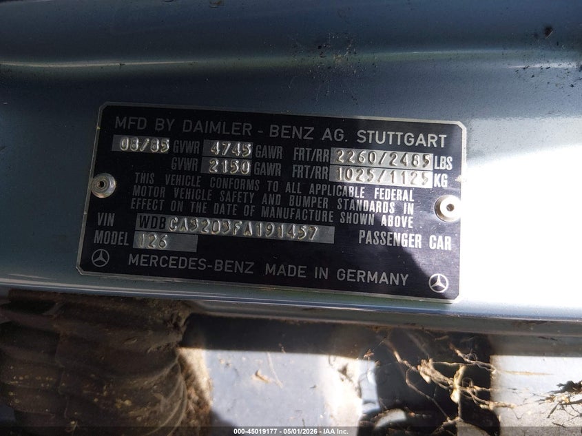 1985 Mercedes-benz 380 VIN WDBCA32D3FA191457 IAAI salvage auction — NORMAL WEAR, Clear - Dealer Only (California), sold $150 on 2026-07-24 (photo 9)