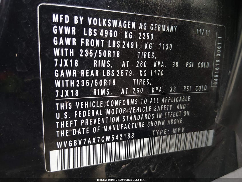 2012 Volkswagen Tiguan VIN WVGBV7AX7CW542188 IAAI salvage auction — FRONT & REAR, Salvage (Oregon), sold $1,000 on 2026-07-06 (photo 9)