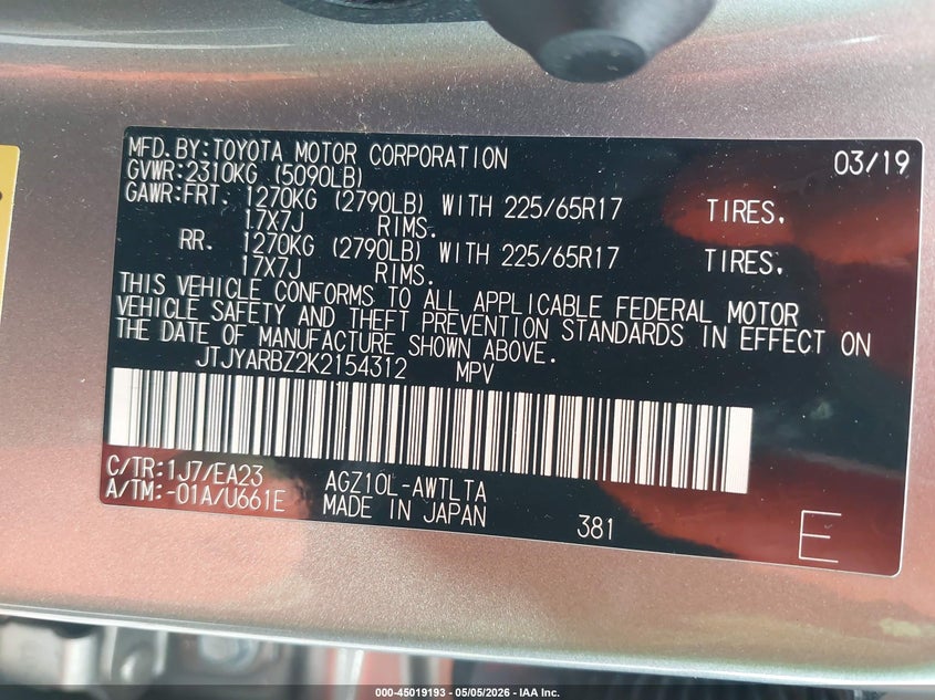 2019 Lexus Nx VIN JTJYARBZ2K2154312 IAAI salvage auction — RIGHT SIDE, Salvage (California), sold $6,200 on 2026-07-21 (photo 9)