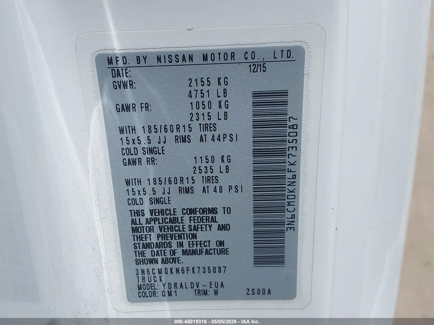 2015 Nissan Nv200 VIN 3N6CM0KN6FK735087 IAAI salvage auction — NORMAL WEAR, Salvage (California), sold $950 on 2026-07-08 (photo 9)