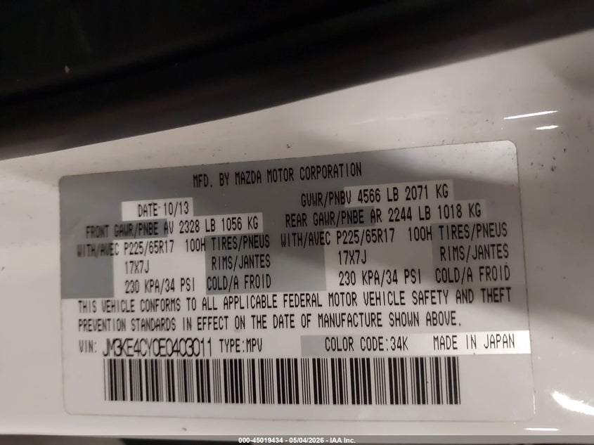 2014 Mazda Cx-5 VIN JM3KE4CY0E0403011 IAAI salvage auction — BIOHAZARD/CHEMICAL, Salvage (Oregon), sold $2,000 on 2026-07-30 (photo 9)