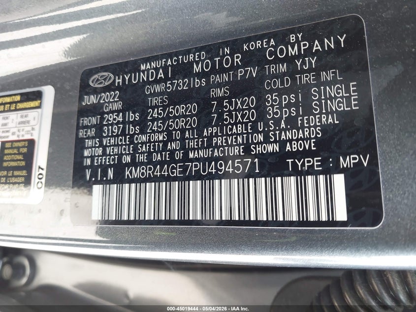 2023 Hyundai Palisade VIN KM8R44GE7PU494571 IAAI salvage auction — FRONT END, Salvage (California), sold $6,100 on 2026-07-29 (photo 9)