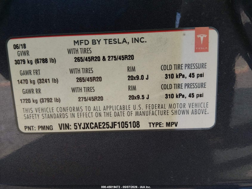 2018 Tesla Model x VIN 5YJXCAE25JF105108 IAAI salvage auction — FRONT END, Salvage (California), sold $6,550 on 2026-07-20 (photo 9)