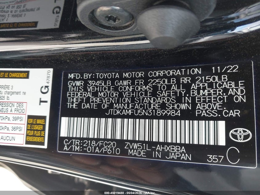 2022 Toyota Prius VIN JTDKAMFU5N3189984 IAAI salvage auction — SIDE, Salvage (California), sold $7,100 on 2026-07-05 (photo 9)