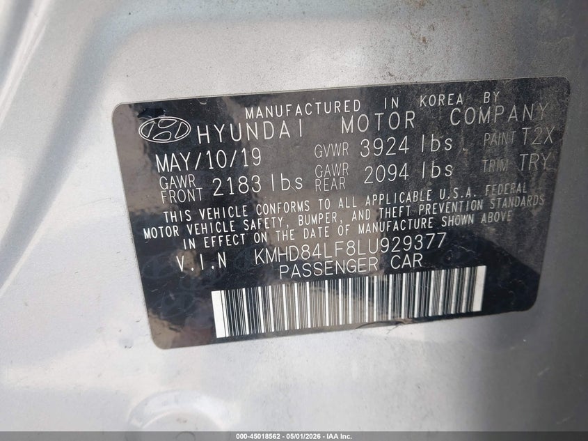 2020 Hyundai Elantra VIN KMHD84LF8LU929377 IAAI salvage auction — FRONT END, Clear (Oklahoma), sold $2,350 on 2026-07-21 (photo 9)