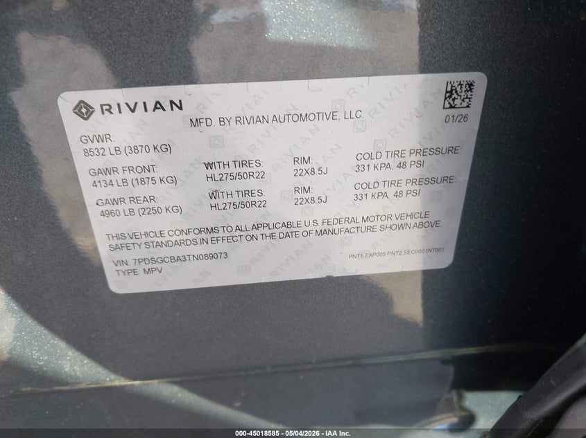 2026 Rivian R1s VIN 7PDSGCBA3TN089073 IAAI salvage auction — LEFT SIDE, Salvage (California), sold $23,600 on 2026-07-09 (photo 9)