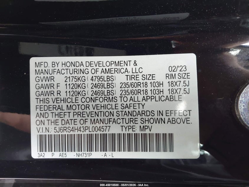 2023 Honda Cr-v VIN 5J6RS4H43PL004577 IAAI salvage auction — FRONT & REAR, Original (Texas), sold $9,100 on 2026-07-30 (photo 9)